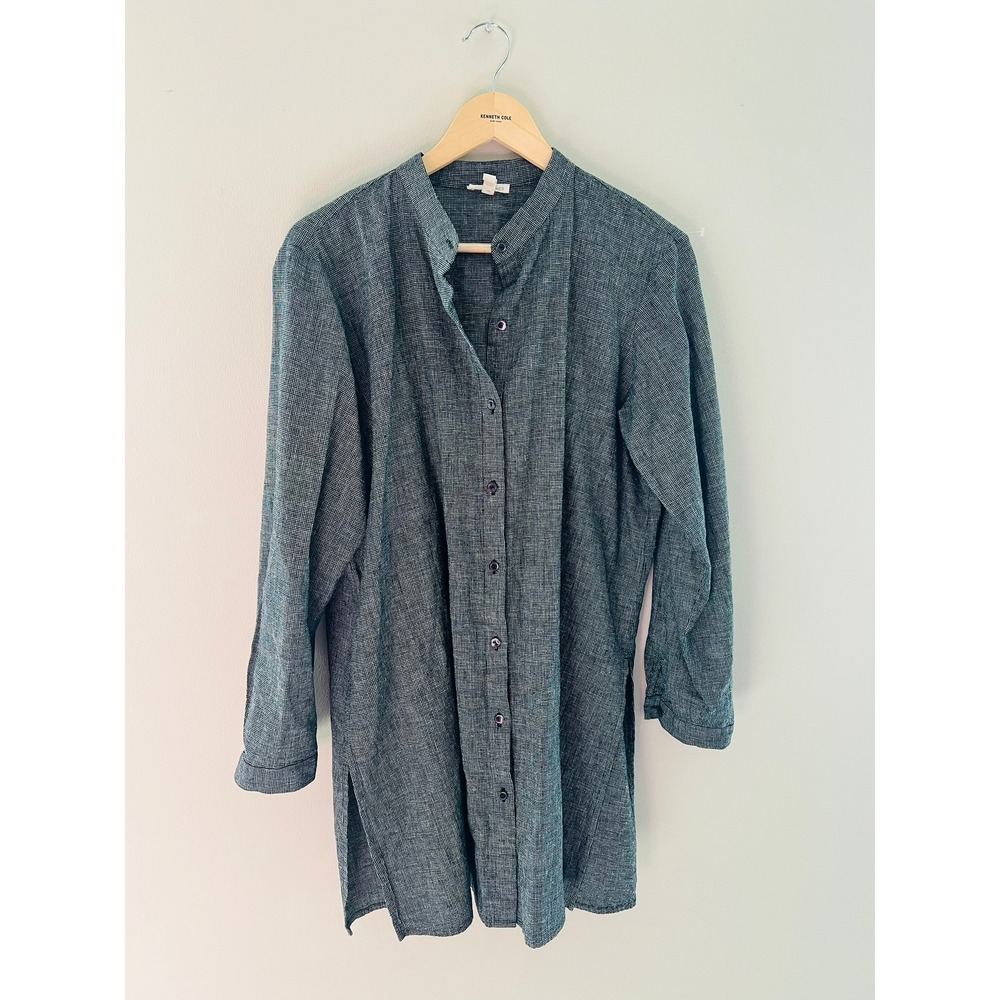 Eileen Fisher Organic Cotton Hemp Mandarin Collar Button Down Shirt Grey Size M
